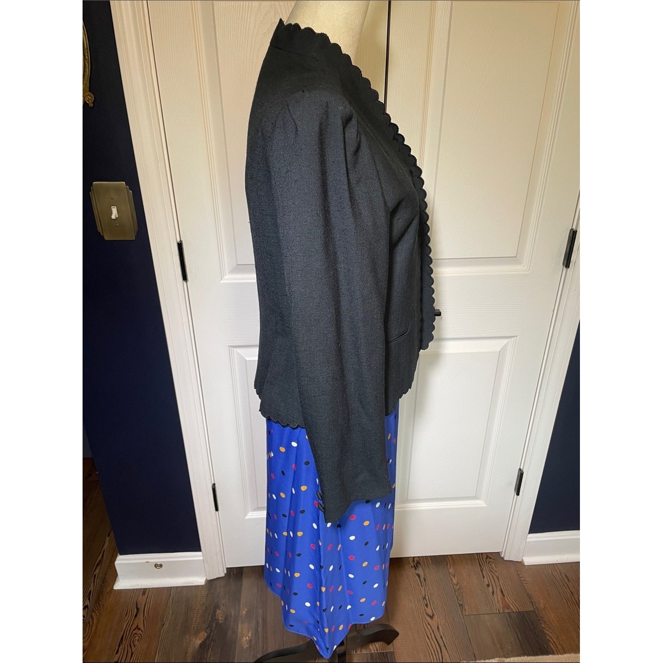 Vintage Sasson Blue Sleeveless Silky Polka Dot 2 Piece Dress & Black Blazer Sz M