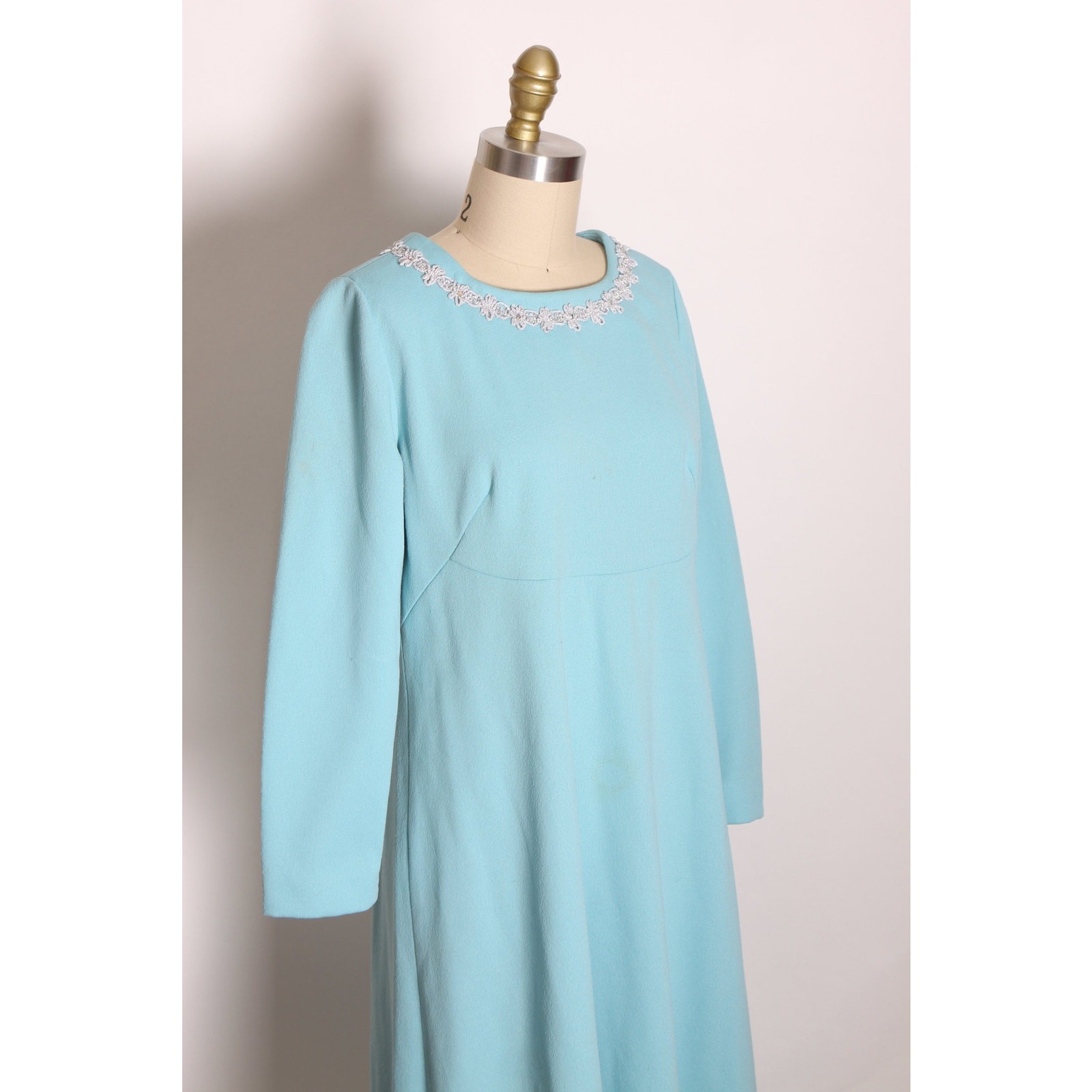 1960s Blue 3/4 Length Sleeve Empire Waist Silver Trim Mod Dress