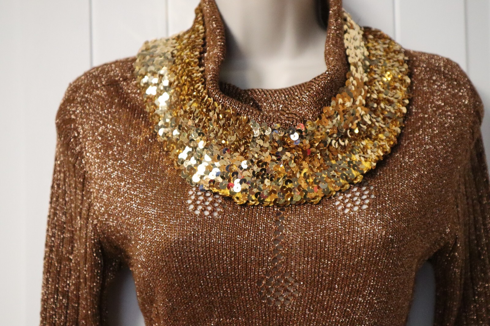 Vintage 1970s Wenjilli Glam Lurex Knit Sparkling Copper Maxi Dress size 7/8