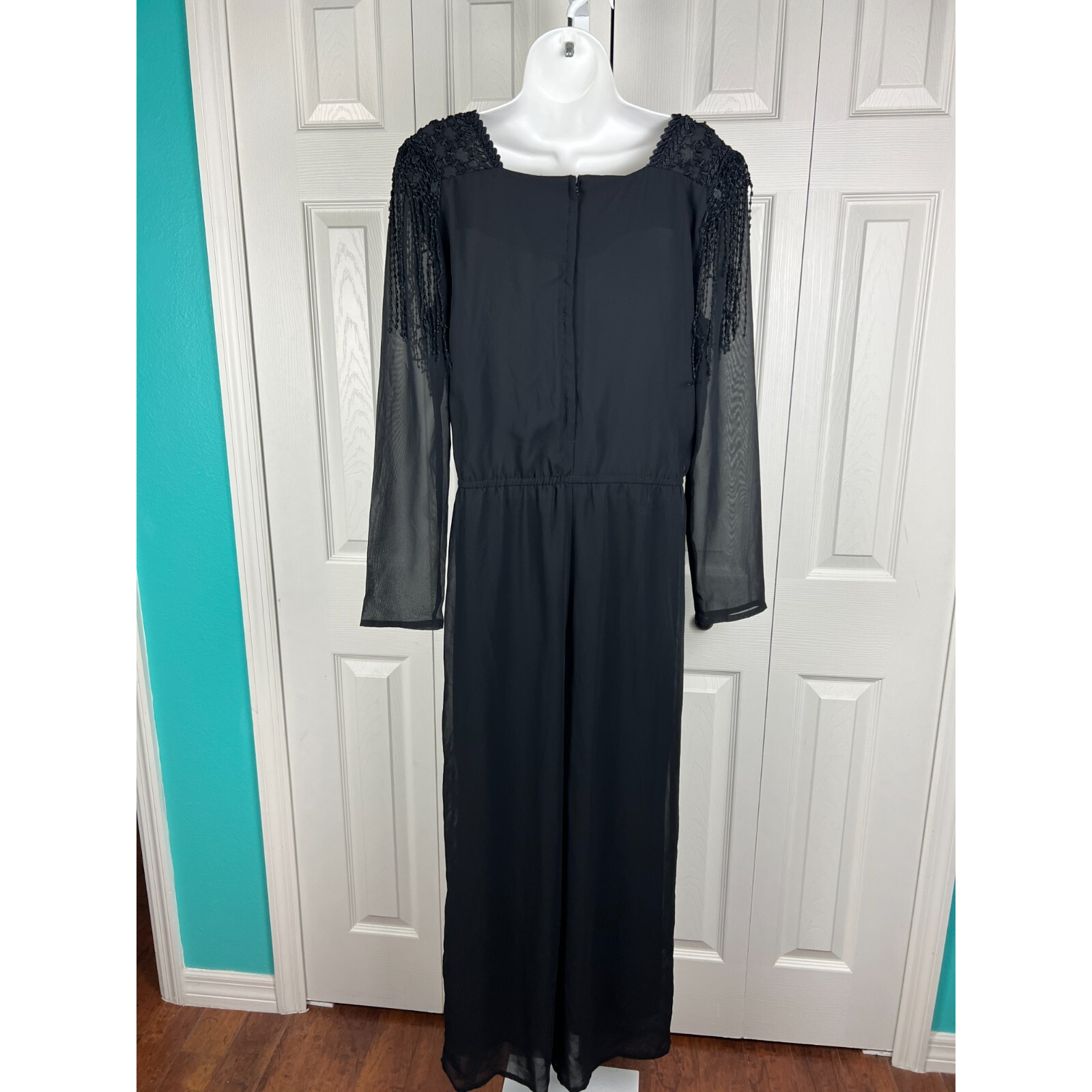 Spencer Alexis Elegant Black Embroidere Evening Wide Leg Jumpsuit Size 10