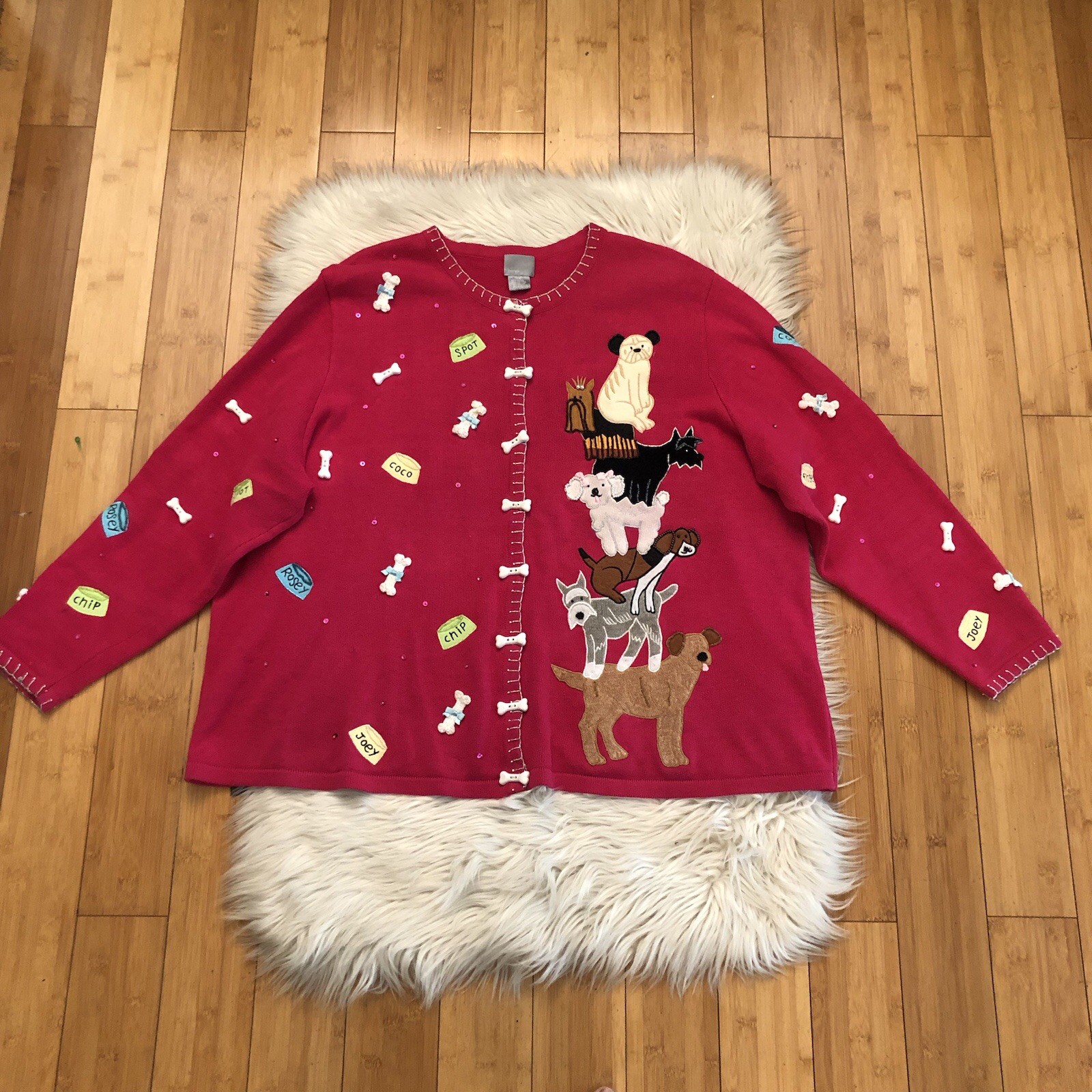 Vintage Berek Dog Show Beaded Embroidered Long Sleeves Fuchsia Sweater size 2X