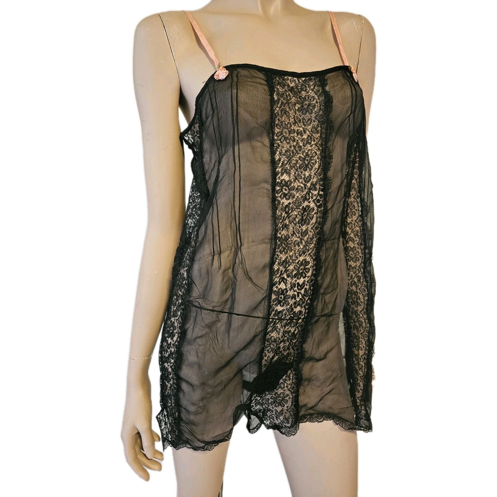 Rare Vintage 1920s Black Silk Chiffon & Lace Teddy with Pink Roses & Straps