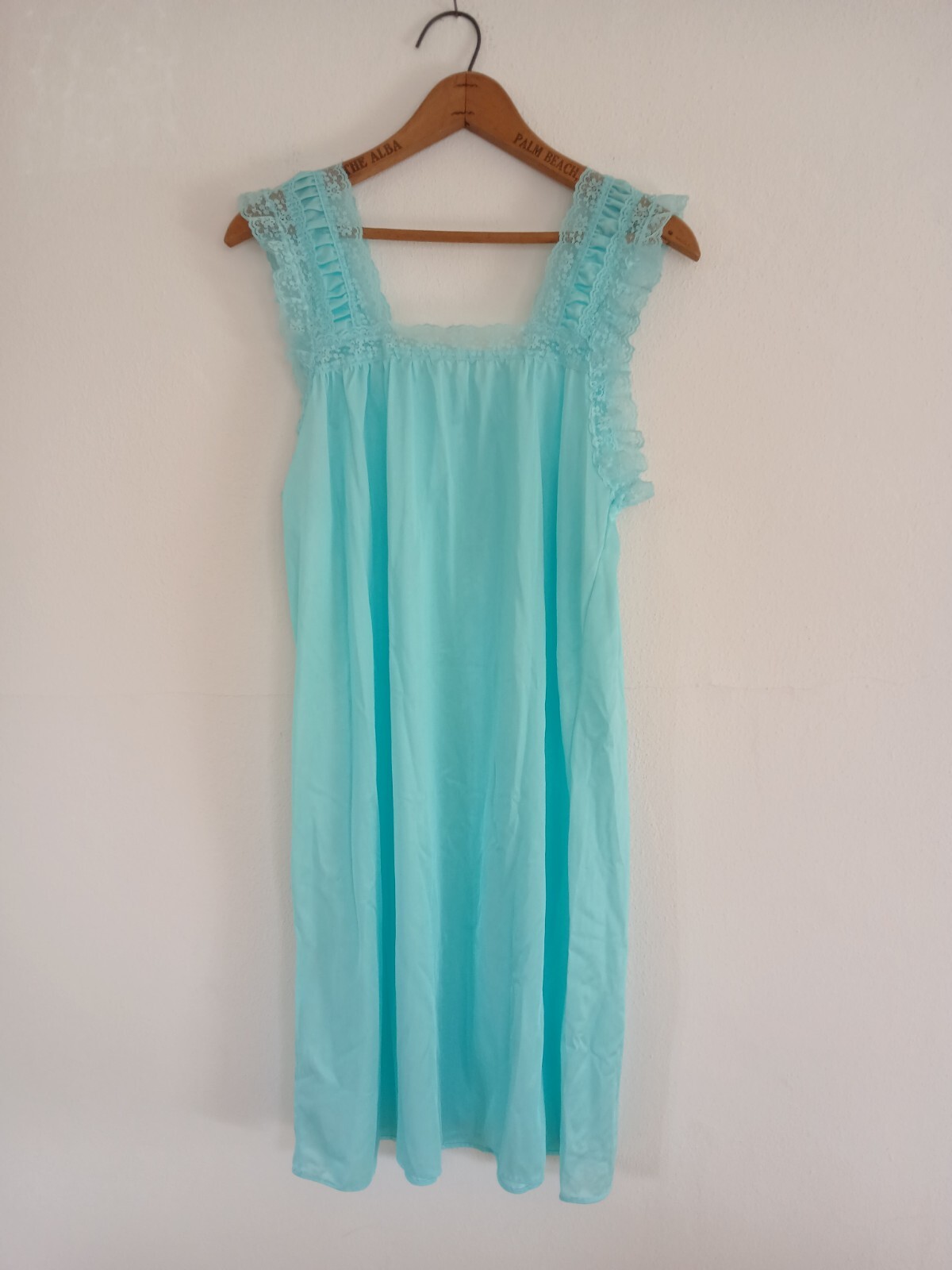 VTG Women’s Bright Teal Blue Lace Trim Thick Straps Nylon Sheer Nightgown M USA