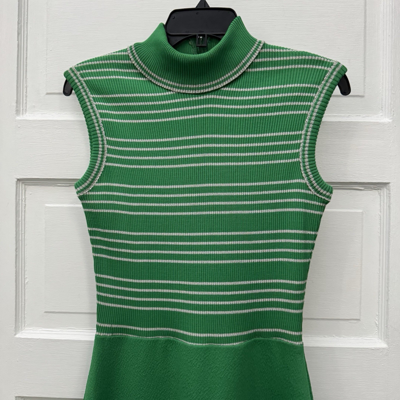 Vintage 60s 70s Green Mock Neck Maxi Dress XS Striped USA Sleeveless Mod