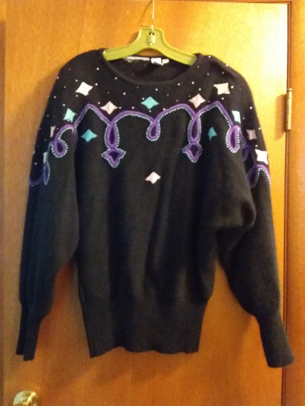 Vintage Sara Frederick Angora Lambswool Sweater Pullover Black Embellished Sz L