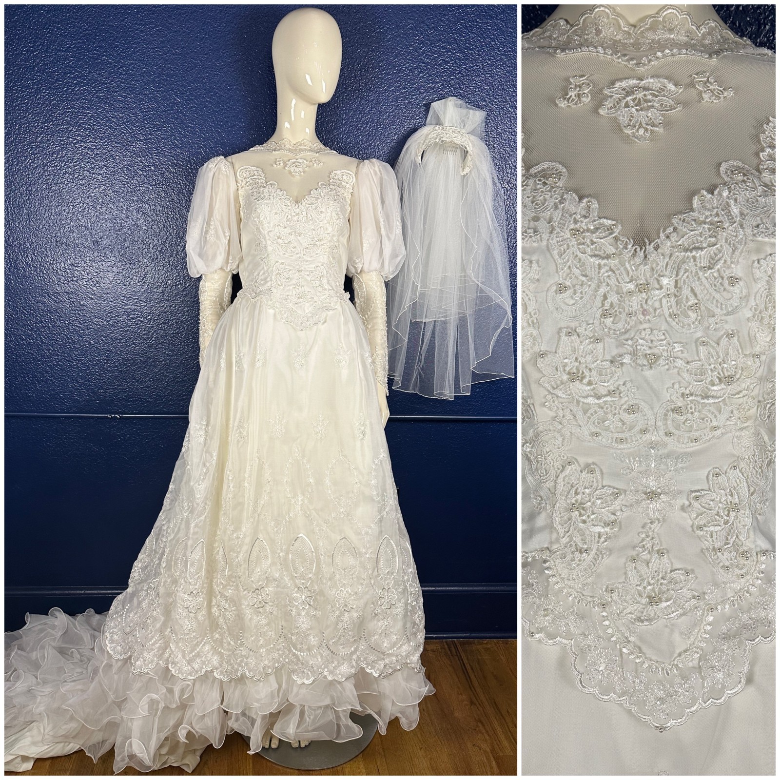 Vintage 1980 White Wedding Dress Gown Long Sleeve Lace Train Crinoline Zipper XS
