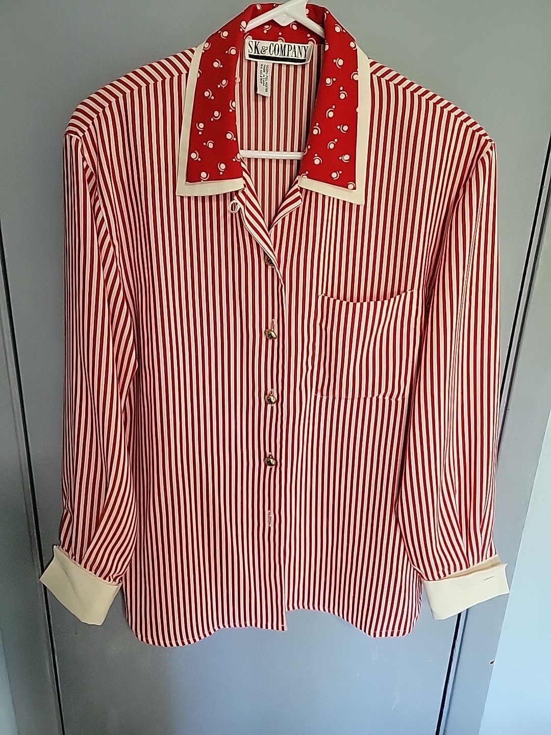Vintage Women’s Blouse Top SIZE 8 red & White Stripe SK & CO Polyester Fabric