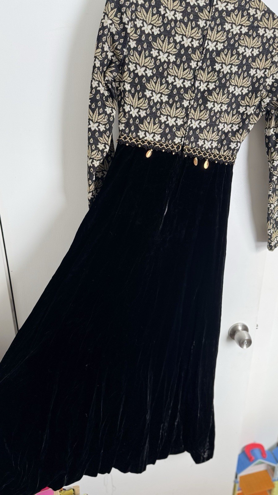 Vintage 60s Gold & Black Baroque Quilt Top & Velvet Skirt Maxi Dress XS 1960s