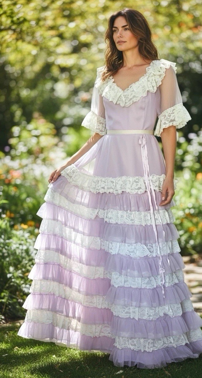 Vtg 60s 70s Wedding Gown Hat Bridesmaid Cottage Core Lavender & Lace 34’’ Bust