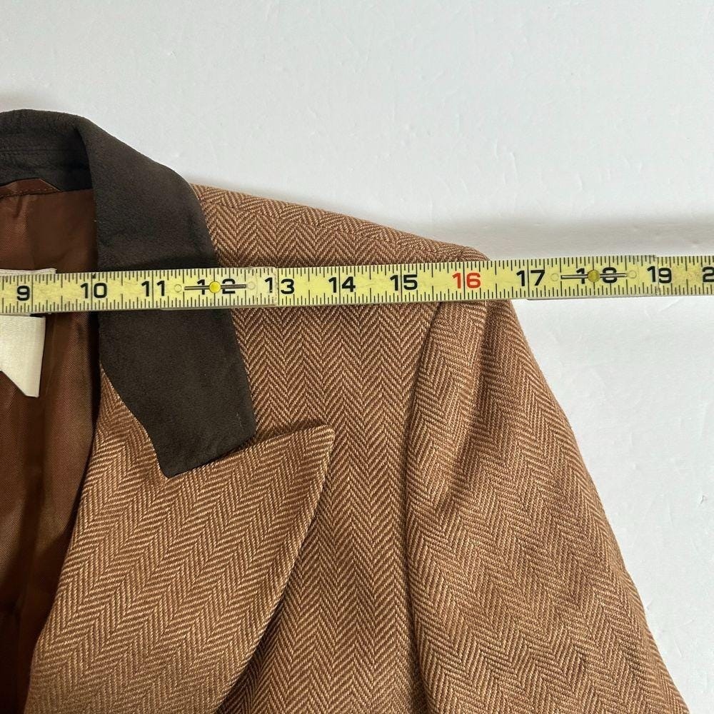 Escada Cashmere Silk Brown Herringbone Blazer Gold Button Suede Vintage Sz 34 S