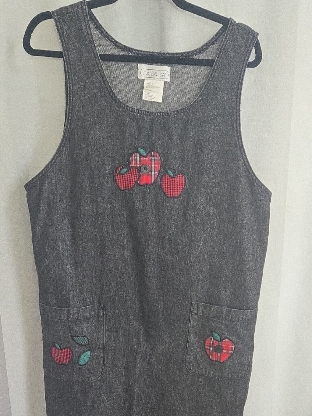 Vintage 90s Mandal Bay Black Denim Jumper Dress XL Apple Plaid Patchwork Maxi