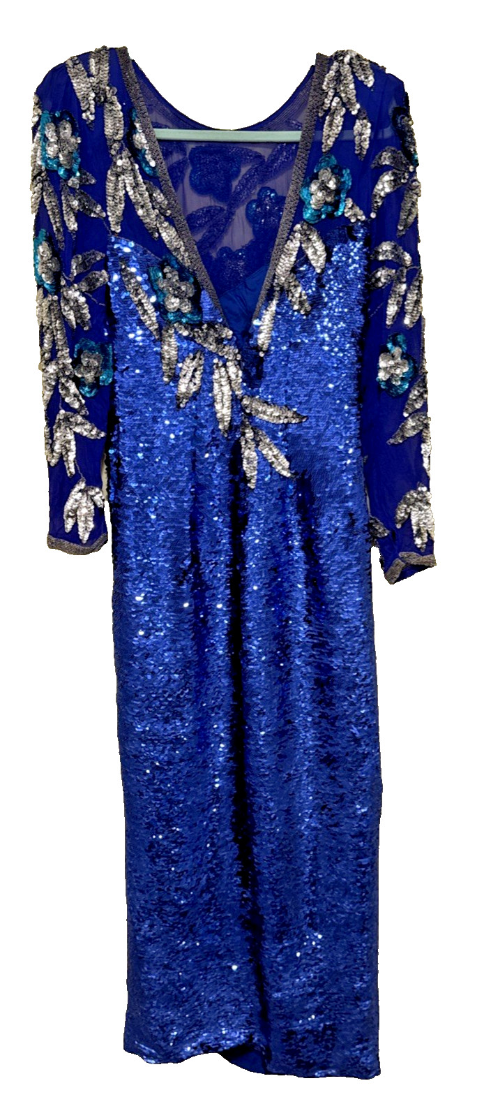 Vintage Cobalt Blue Silk Silver Sequined Evening Gown By Nite Line Size 8
