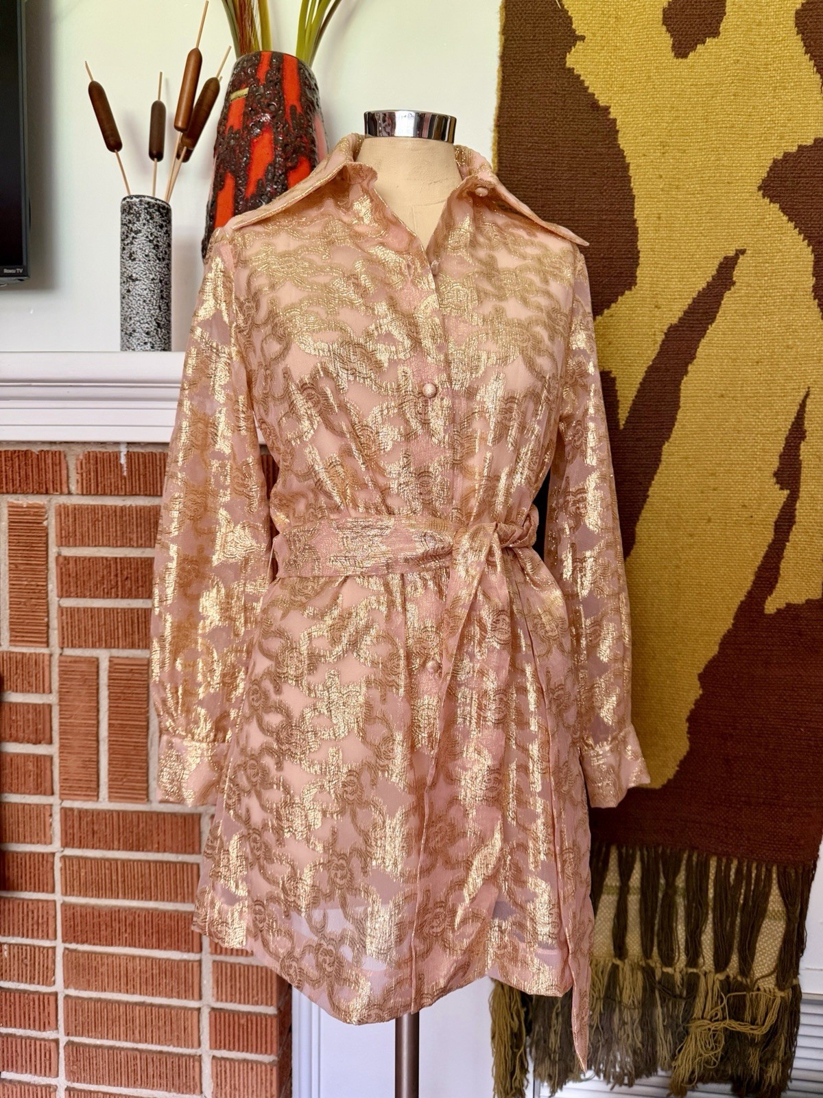 Vintage 60s Sheer Blush & Metallic Gold Micro Dress / Tunic By Renjoy Midmod MCM