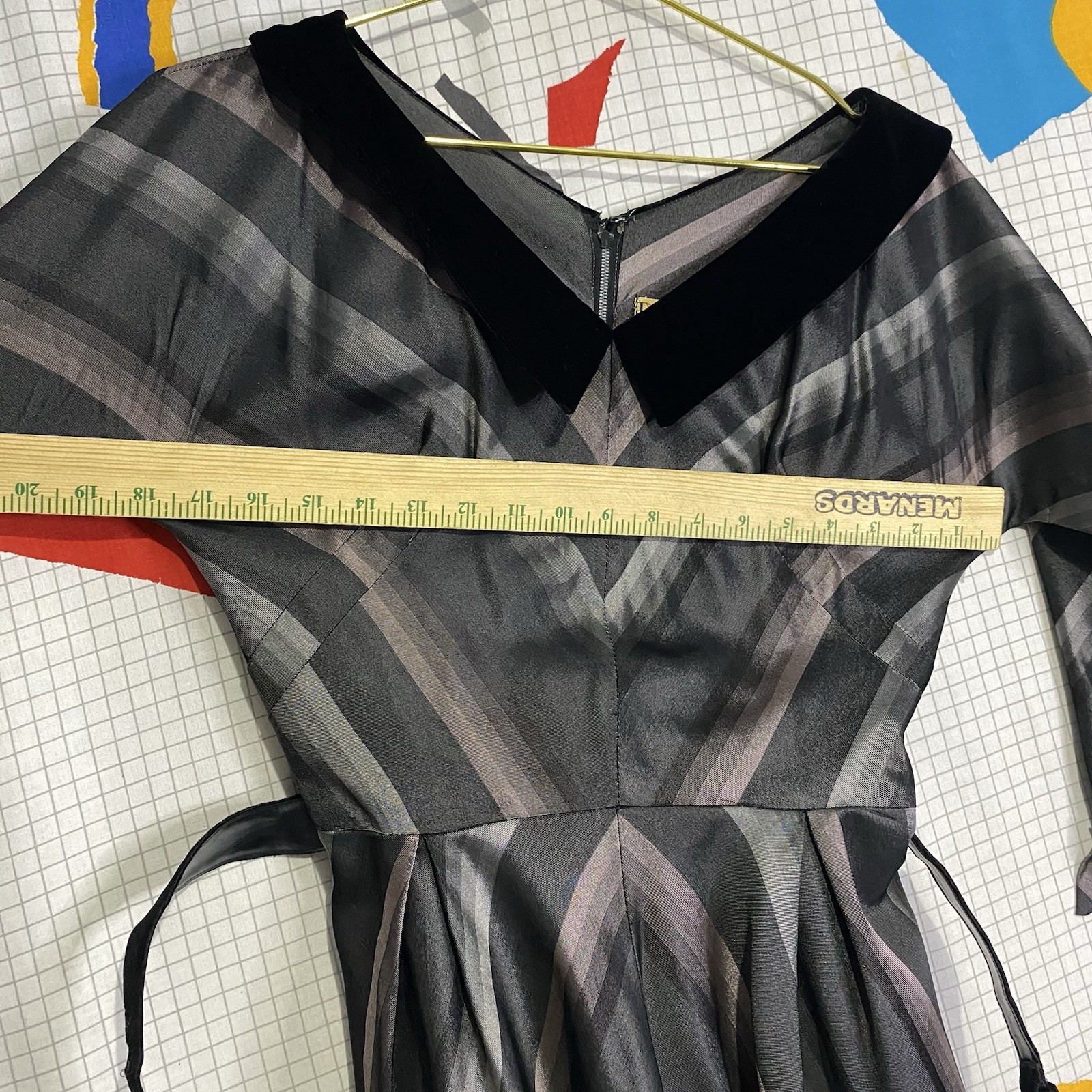 Vintage 40s 50s R&K Chevron Dress Velvet Stripe M Ombré Rockabilly Lurex Taffeta