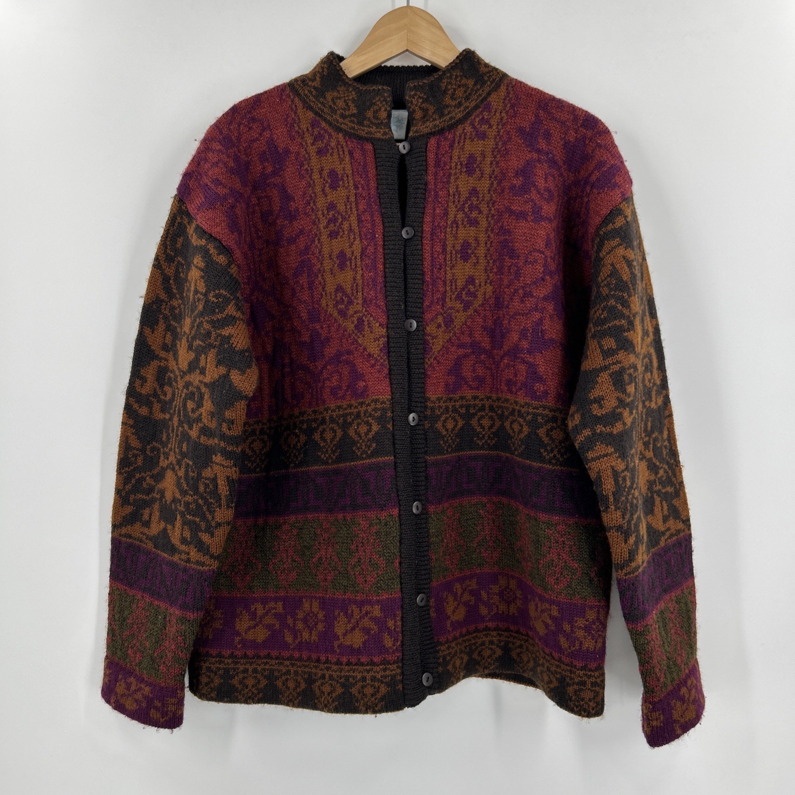 Vintage 80s Wool Cardigan Womens Size L Hong Kong Fair Isle Nordic Floral Jacket