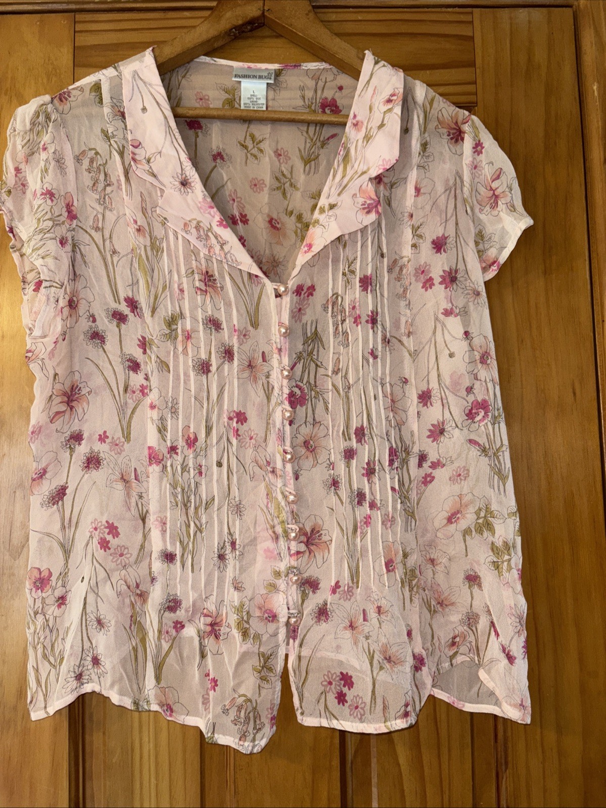 Vintage Silk Sheer Pink & Floral top Sz L Faux Pink Pearl Buttons Cap Sleeve