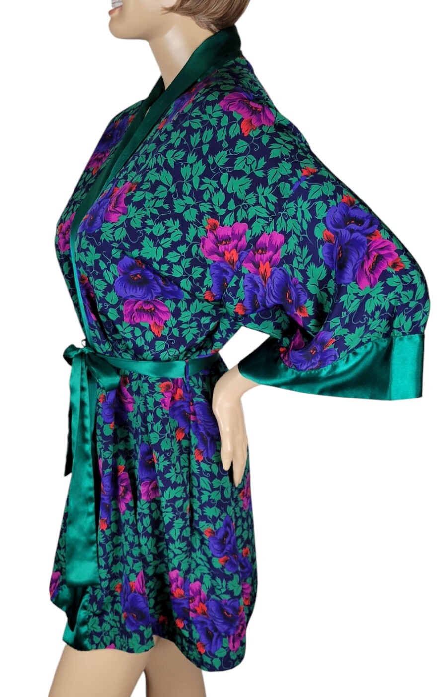 Vtg Victoria’s Secret Gold Label Poly Satin Green Purple Pink Red Floral Robe OS