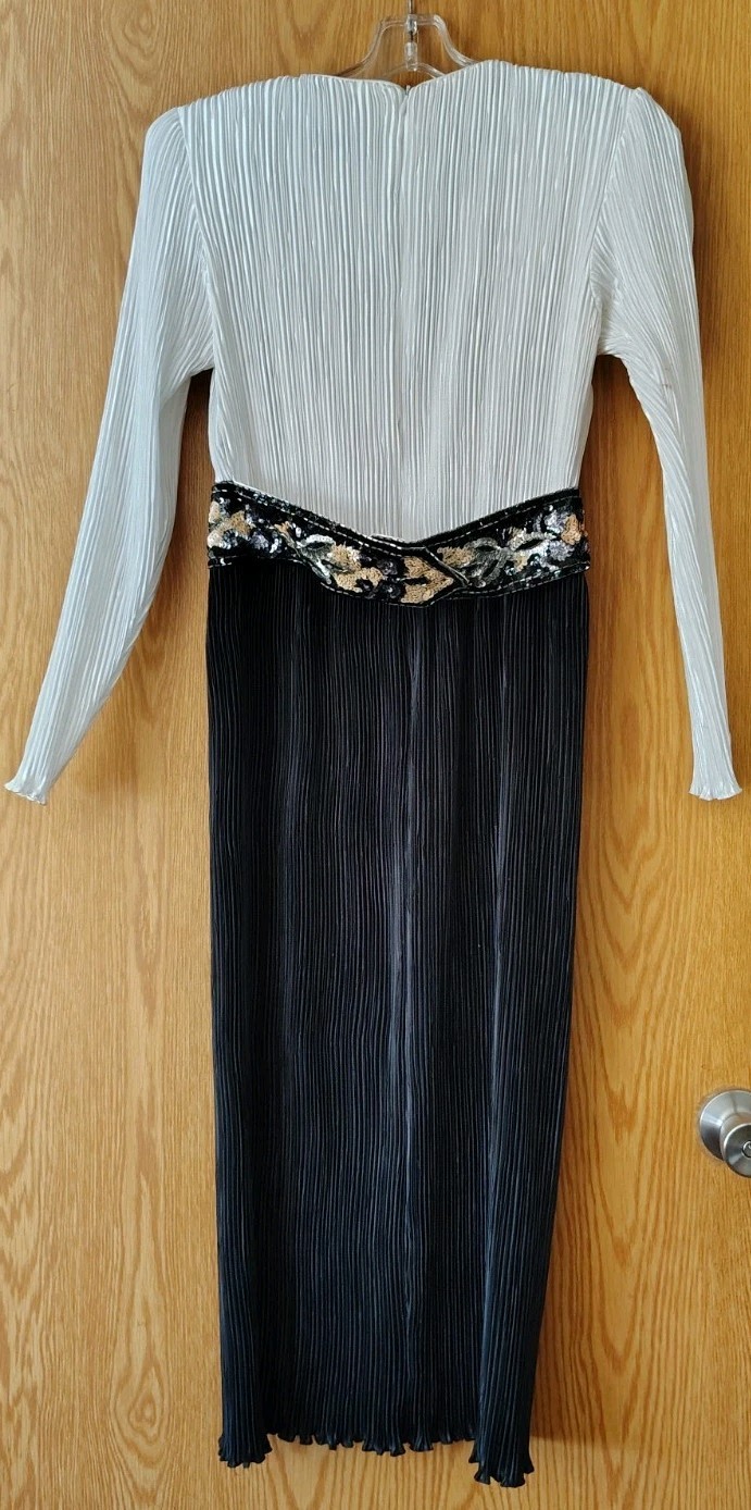 Vtg Nuit Plisse Black White Sequin Belt Cocktail Party Formal Dress Sz 4 ILGWU