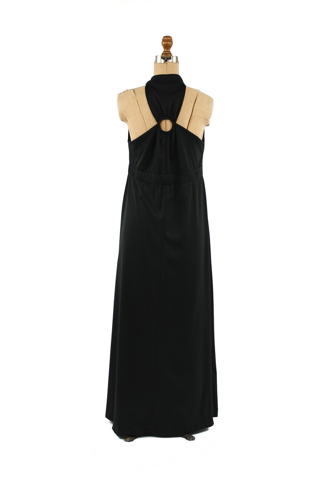 Vintage 70s Black Halter Keyhole Maxi Dress Gold Accent Buttons Disco Sleeveless
