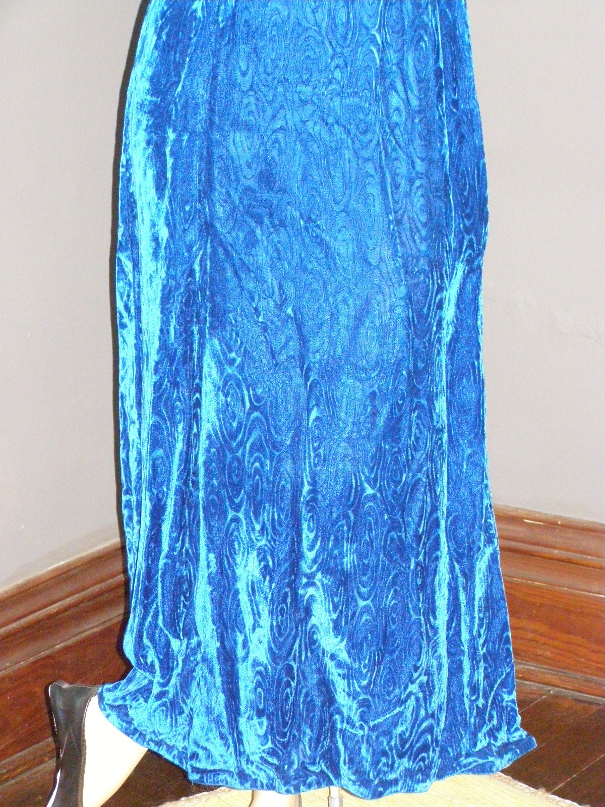 Vintage 60’s royal blue swirl VELVET maxi dress S M BOW back & hair comb regal