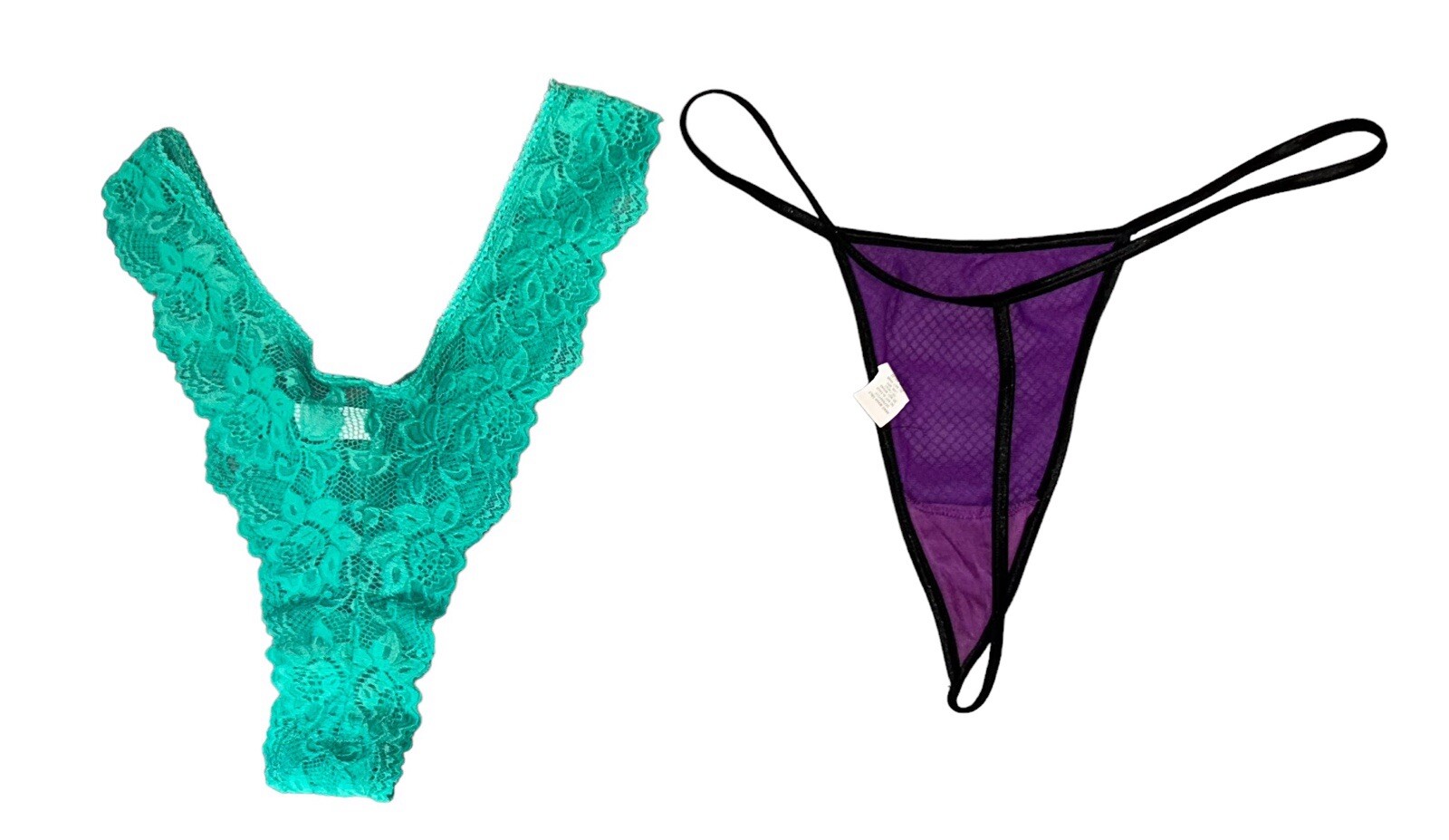 Lot of 2 Fredericks of Hollywood Green & Purple Fishnet G-String Panties L/XL