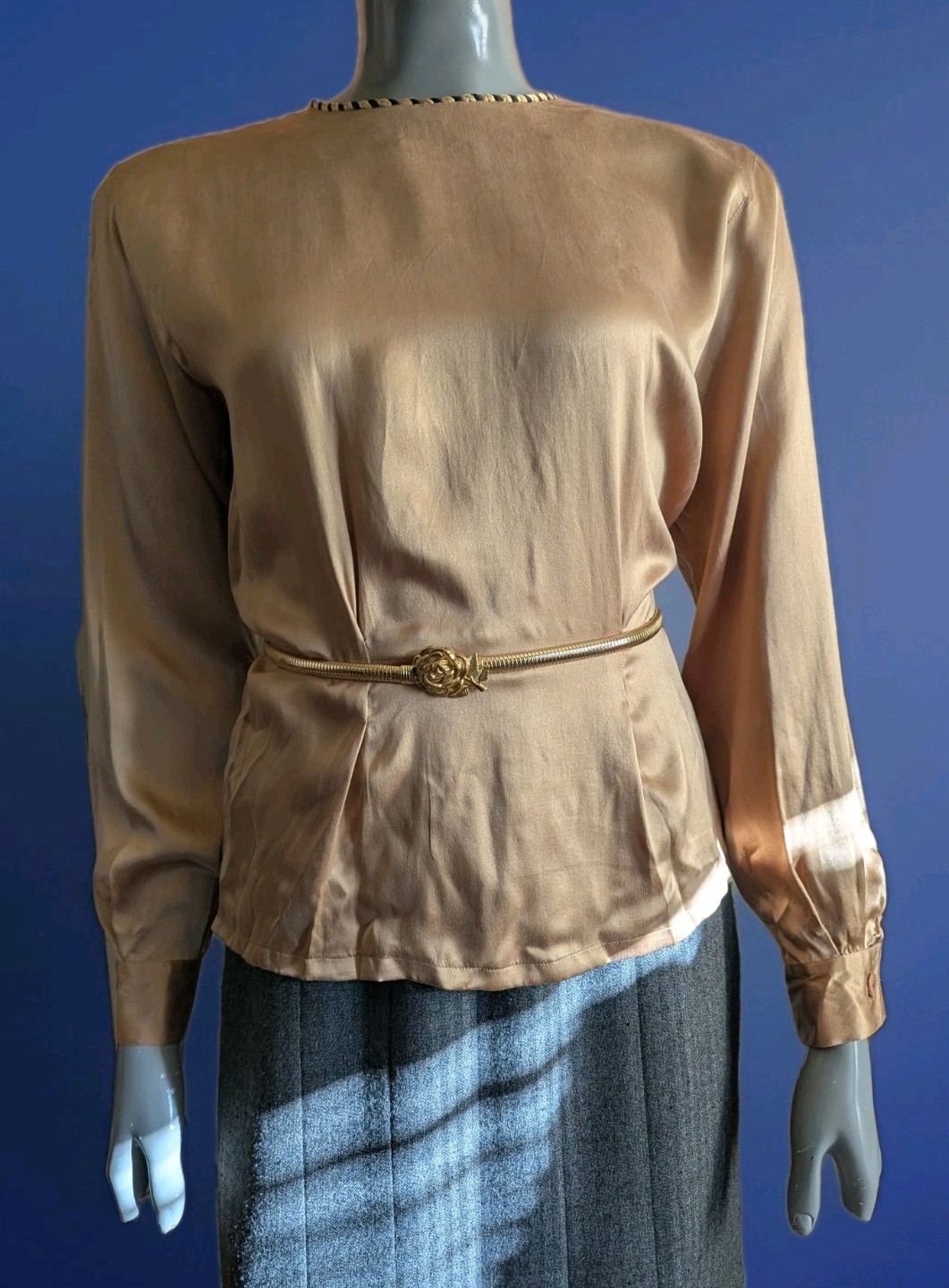 Vintage 1980s Casual Corner 100% Silk Satin-Finish Bronze Blouse Rope Trim 4