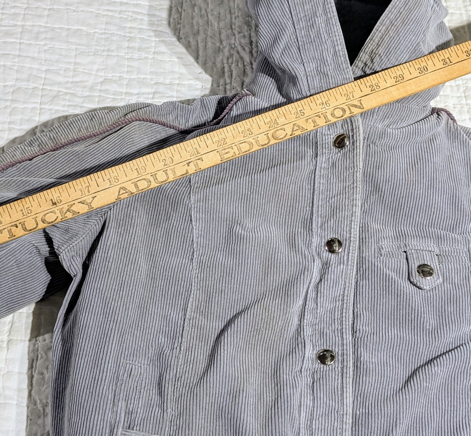 Vintage Mod Maid Coat 60s 70s Women’s SMALL Gray Corduroy Purple Trim Hooded