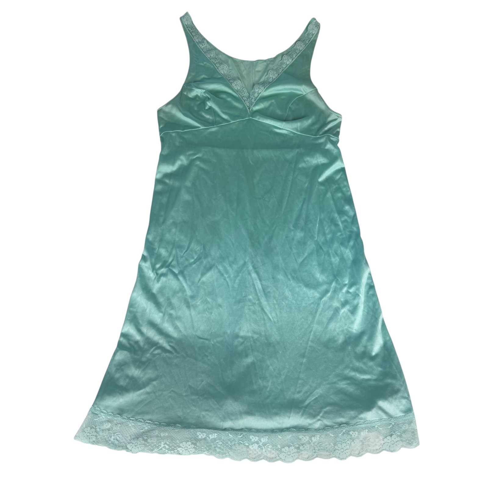 Vintage Aqua Mint Green Lace Trim Full Slip Dress V-Neck Nightgown 34 Bust M