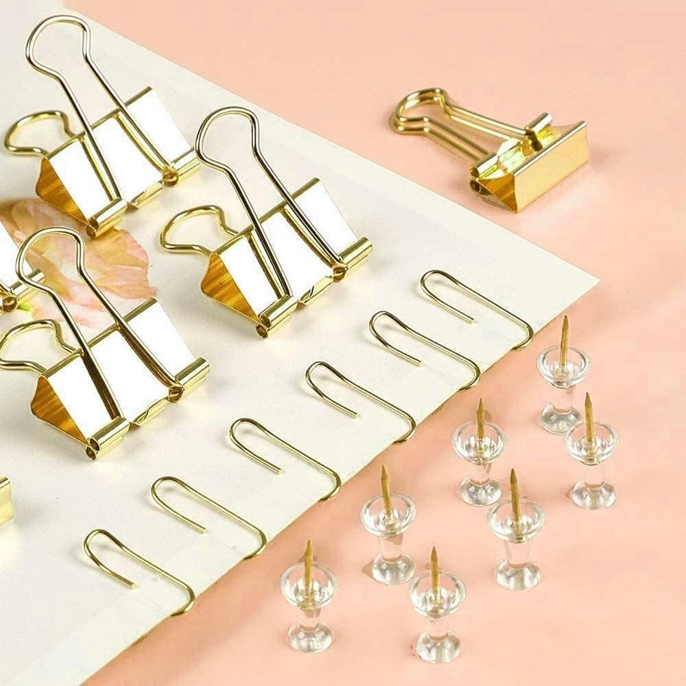 10 Pack Gold Paper Clips Binder Clips Set Metal Assorted Sizes Push Pins