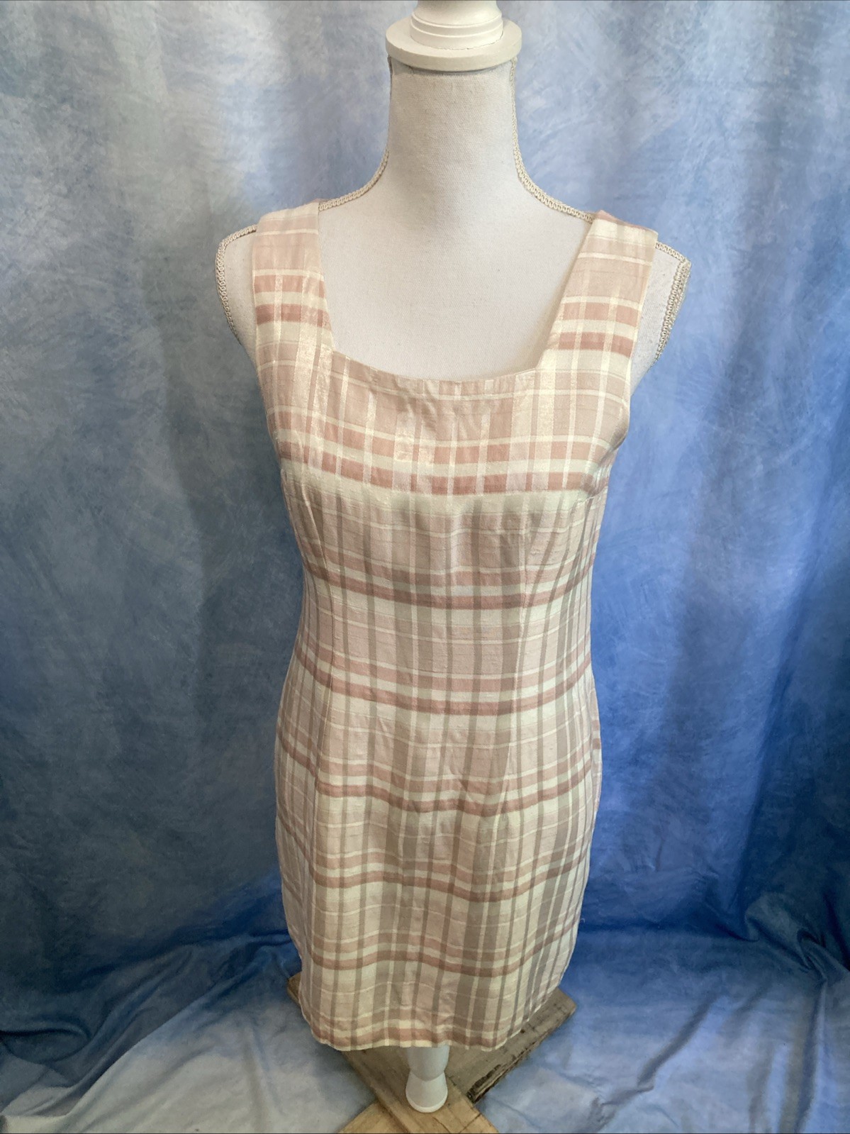 Vtg 90s Does 60s Casual Corner Annex Plaid Shift Dress Petite 8P Pink Mod Retro