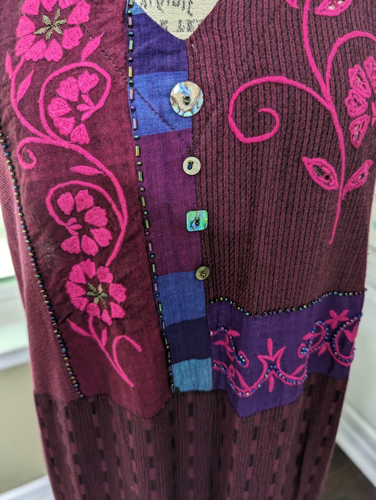 VTG LONG DRESS/ROMPER w/Diff. Fabrics-Embr-Beads-Mother of Pearl Accents-size L