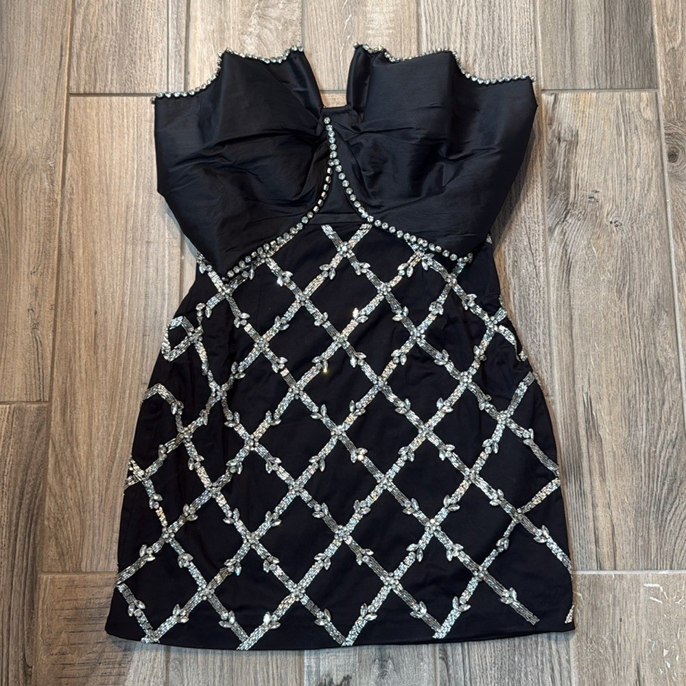 Maeve Strapless Bow Sequin Mini Statement Dress Black Party Wedding Size 6 NWT