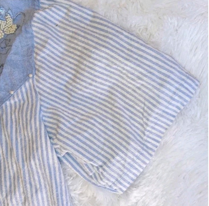 Vtg 80s Glam Maximalism Andrew Sport Pearl & Sequin Blue Cotton Stripe Shirt M