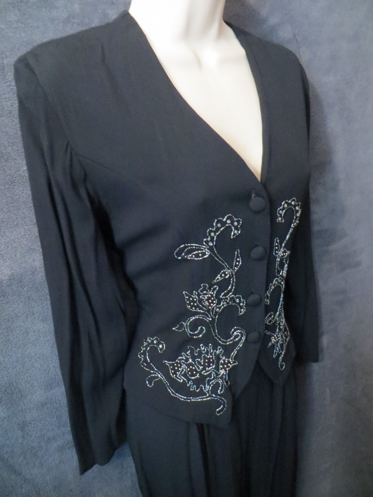 80’s 90’s Vintage Karin Stevens Black Rayon Silver Rhinestone Vest Jumpsuit 8