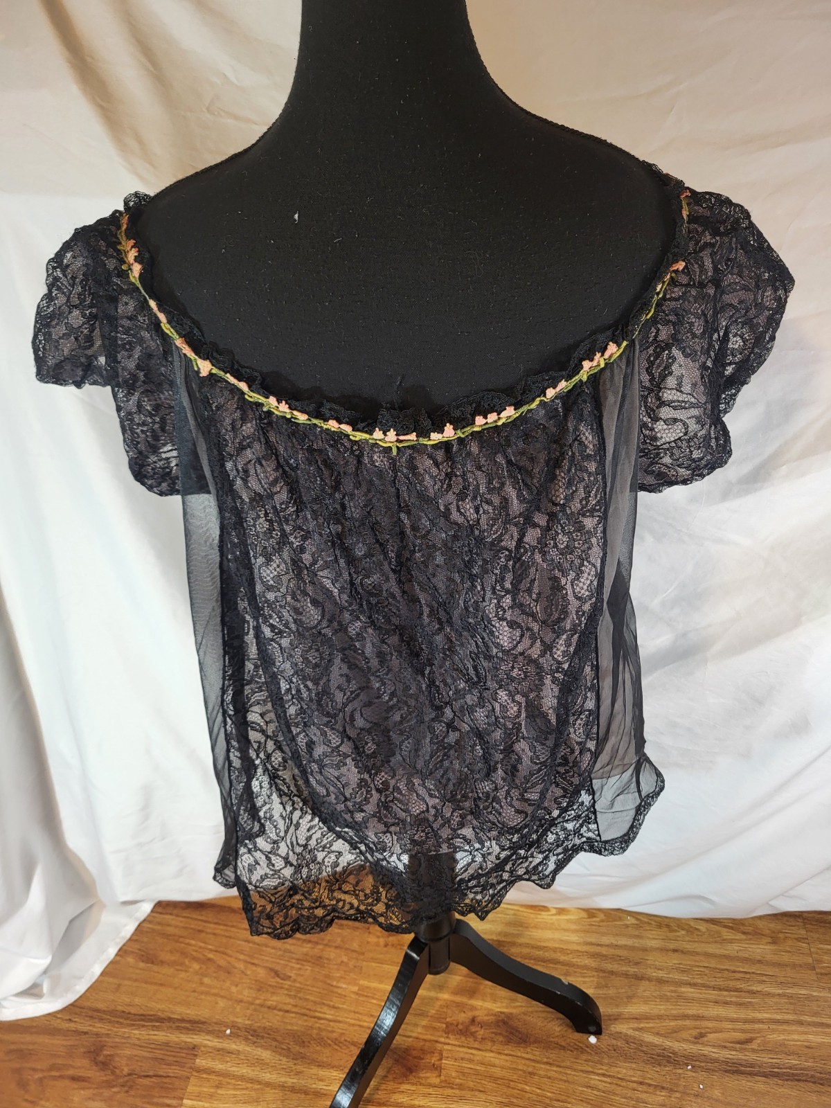 Vtge Amourelle Black Lace Nylon Babydoll Lingerie Flaw
