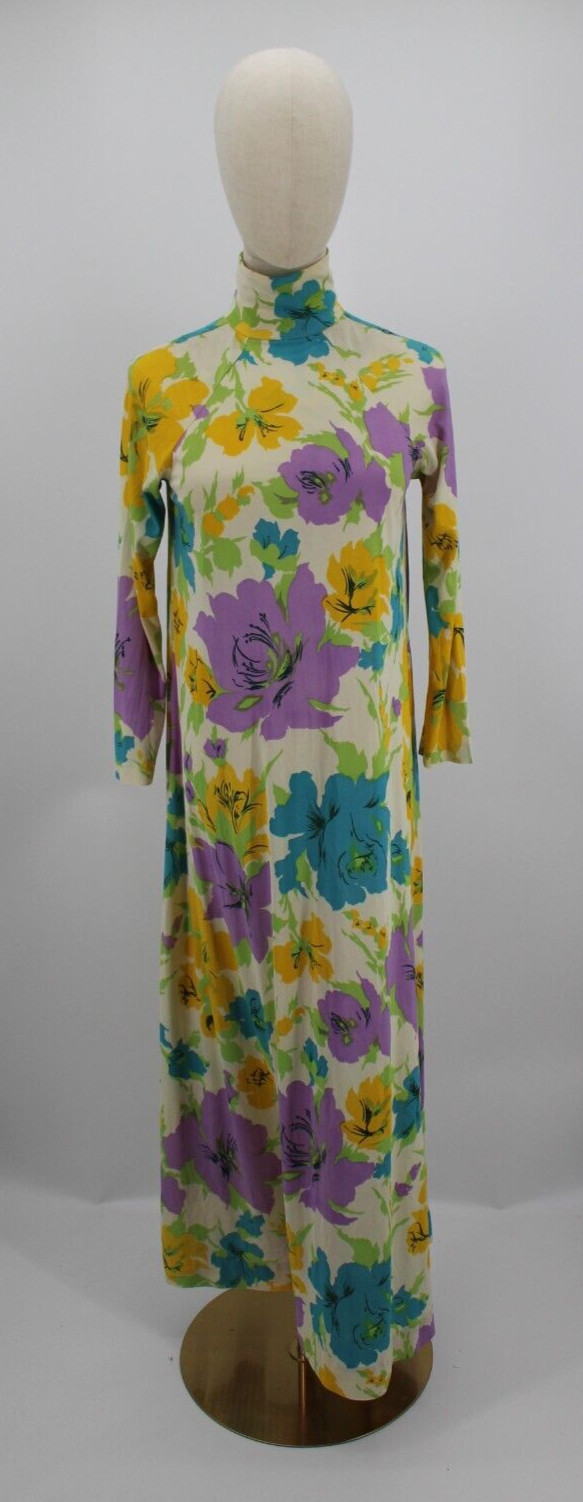 Vintage Lingerie Nightgown Womens Small Maxi Purple Yellow Floral Acetate 1960s