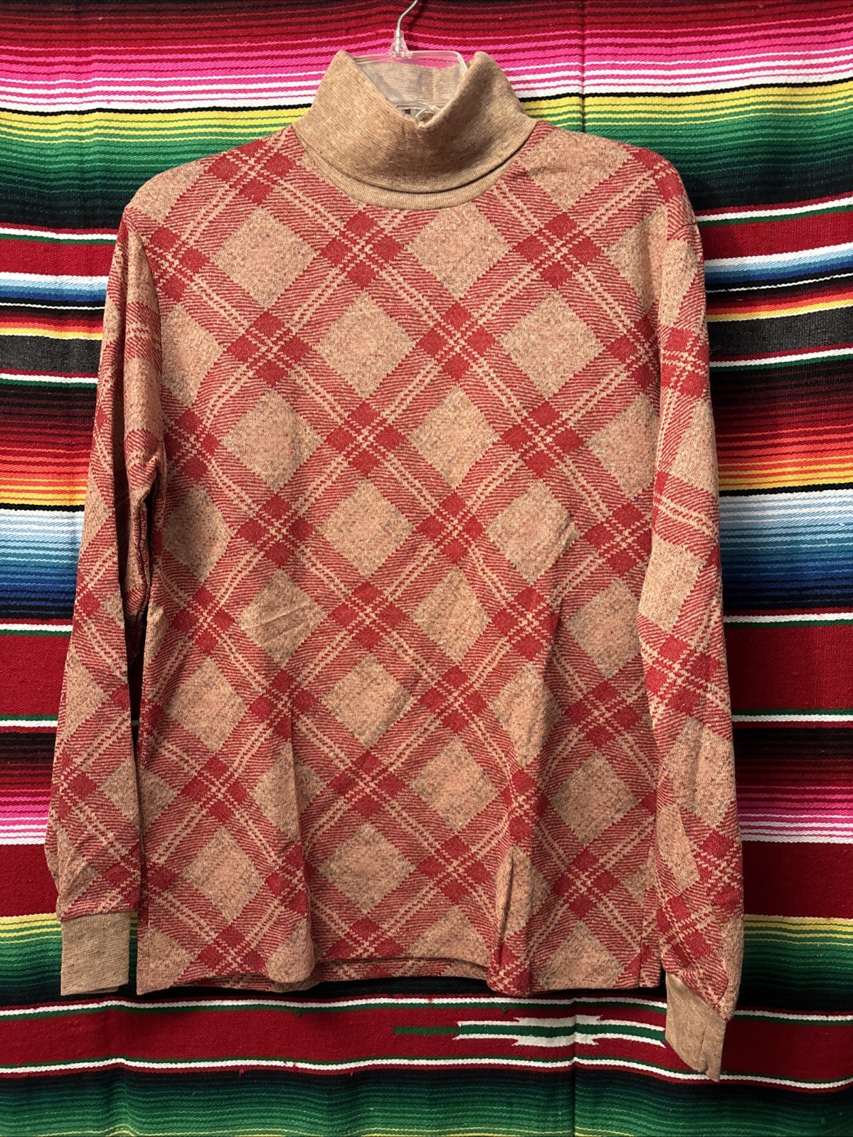 Vintage 70’s Cotton Blend Plaid Turtle Neck Sweater size L N.O.S Unisex