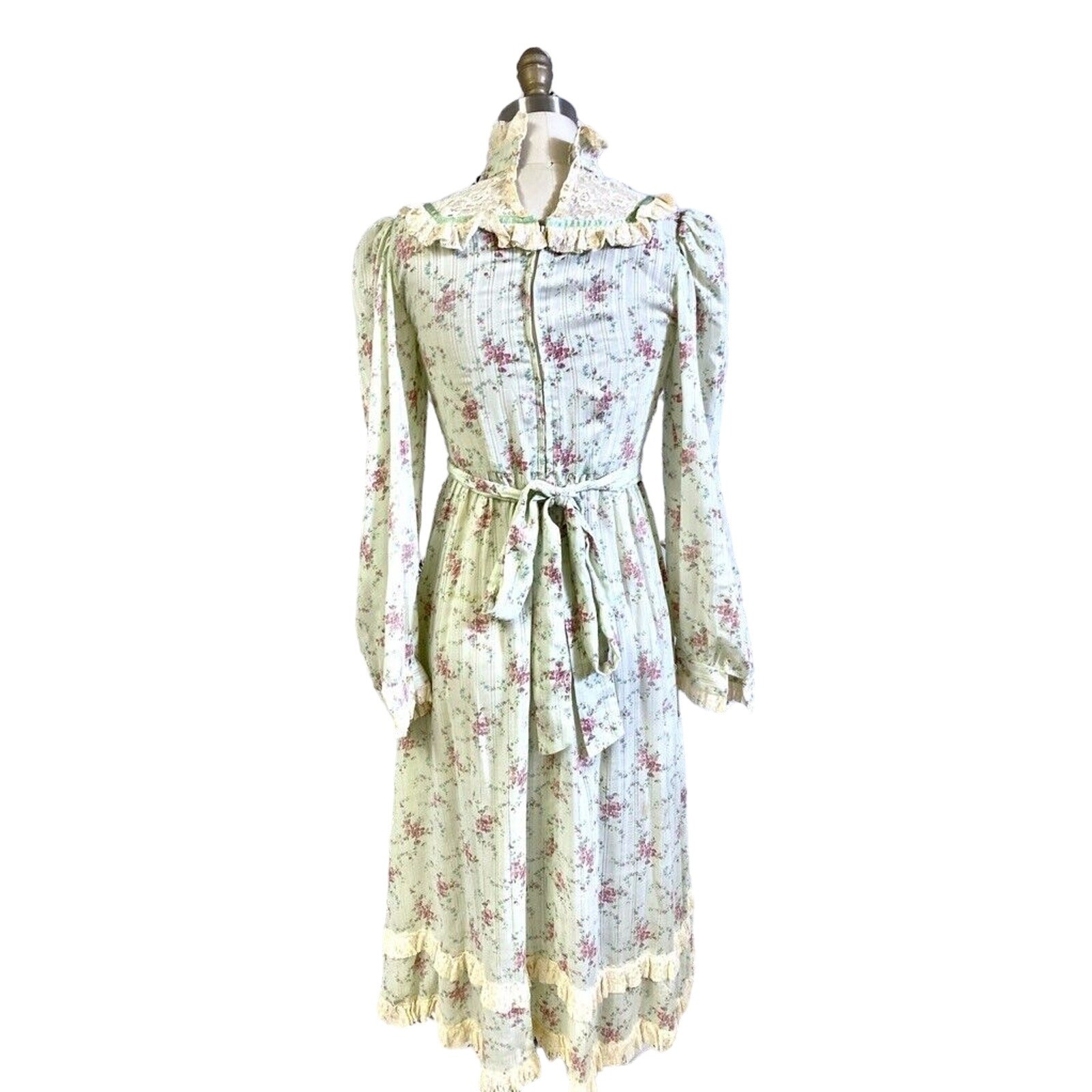 VTG 70s Prairie Dress Green Floral Cottagecore Romantic Hippie Victorian Style