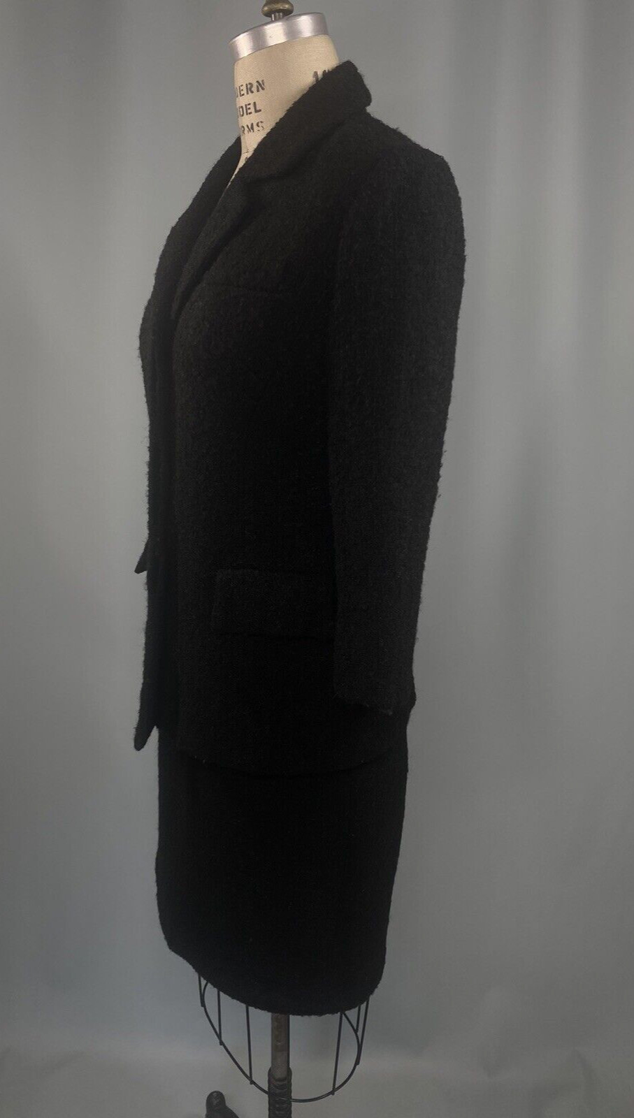 Vintage Boucle Wool suit SIZE SMALL black MYRON LOUIS BOSTON 60s retro pencil