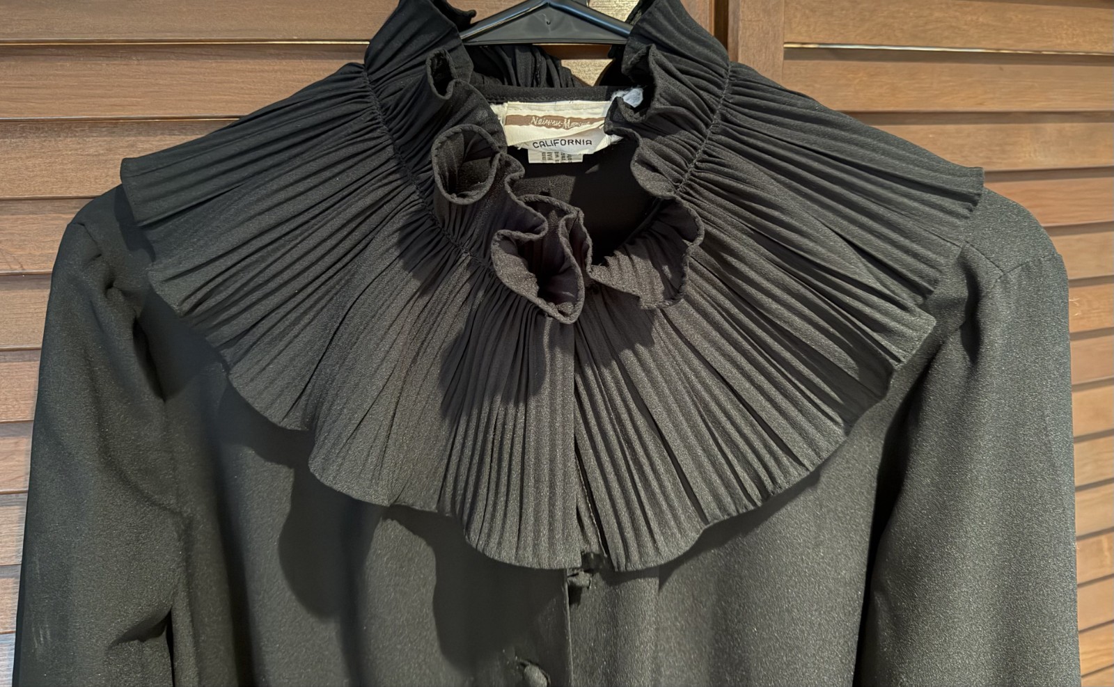 Vintage Neiman Marcus Elise Black Blouse Ruffle Collar Pleated Bib Victorian