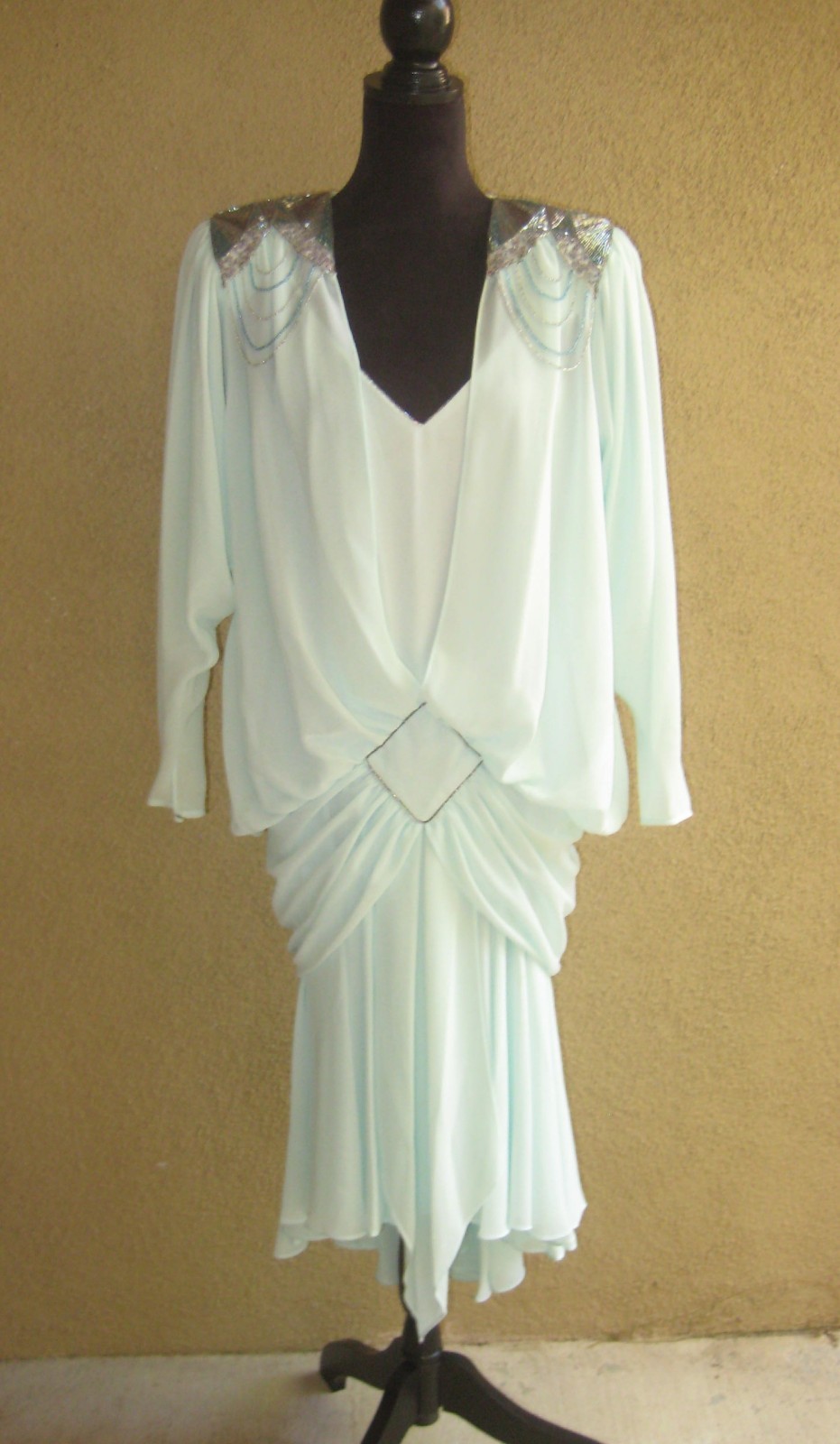 Vintage 1982 Casadei Eletra chiffon dropwaist bead padded shoulder party dress
