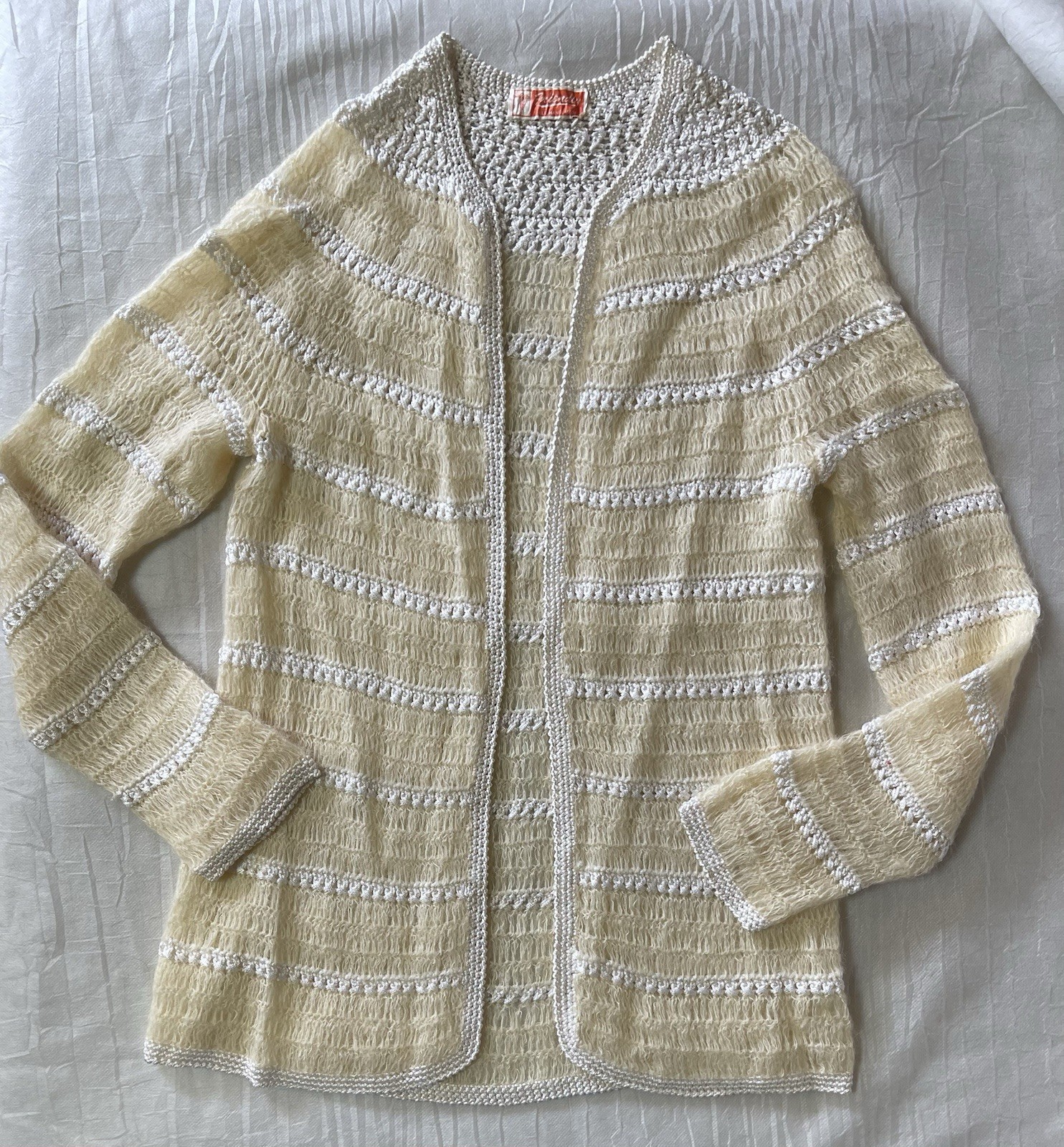 Vintage 50s Cardigan Sweater Womens S, 30″ Bust Hand Knit & Crochet Mohair Wool