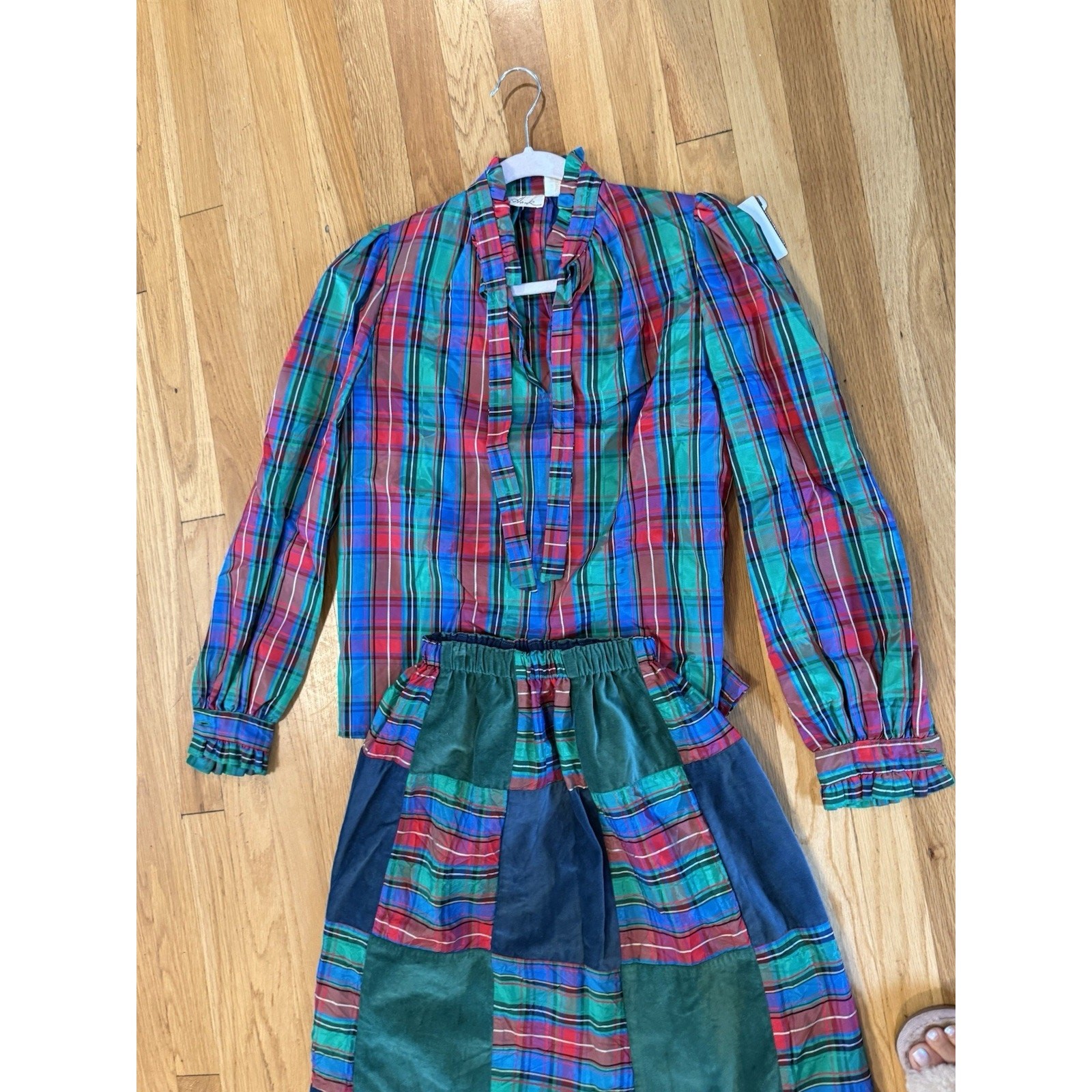 VTG 70’s Patchwork Plaid Christmas Midi Skirt Blouse Matching Set S preppy