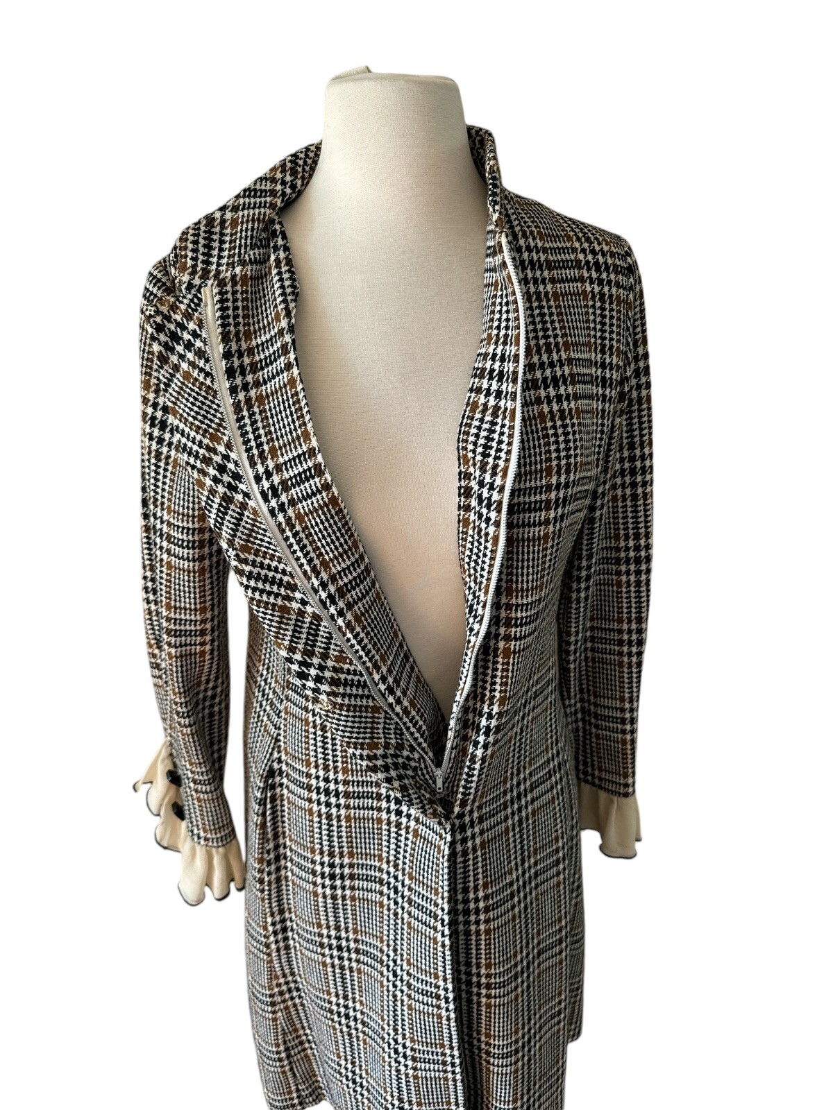 Vtg Mod Saks Fifth Avenue Brown Black Wool Tweed Plaid Dress Mandarin Collar M