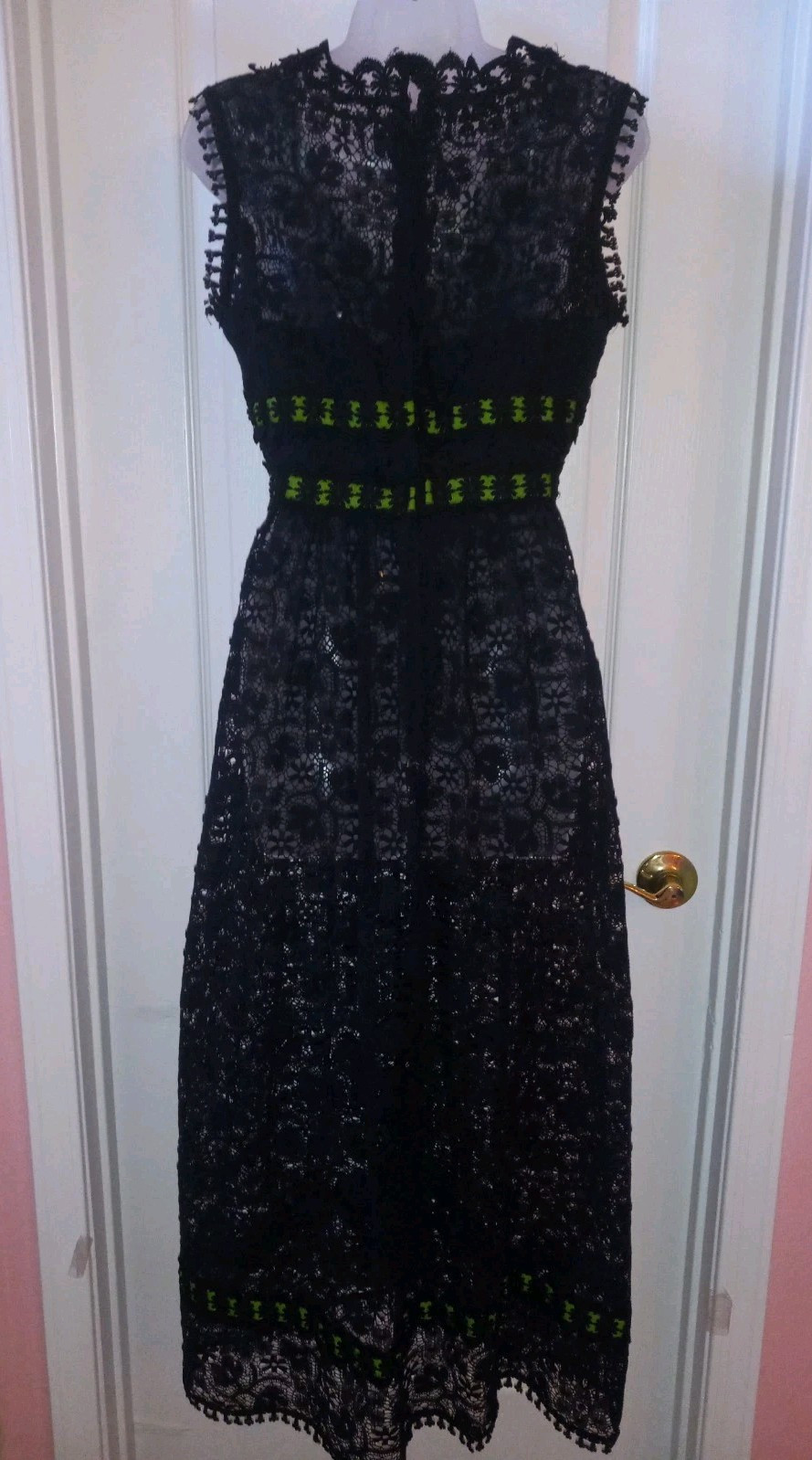 Vintage Futura Couture Sheer Black Lace Green Ribbon Maxi Hostess Dress Tiki O M