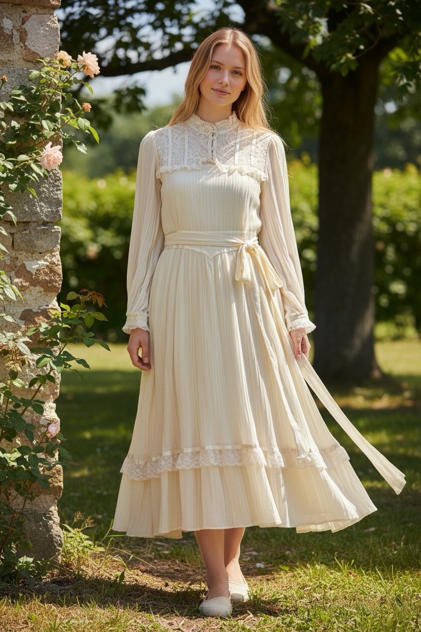 1970 Gunne Sax bridal maxi dress Princess ivory lace Edwardian-style Jane Austen