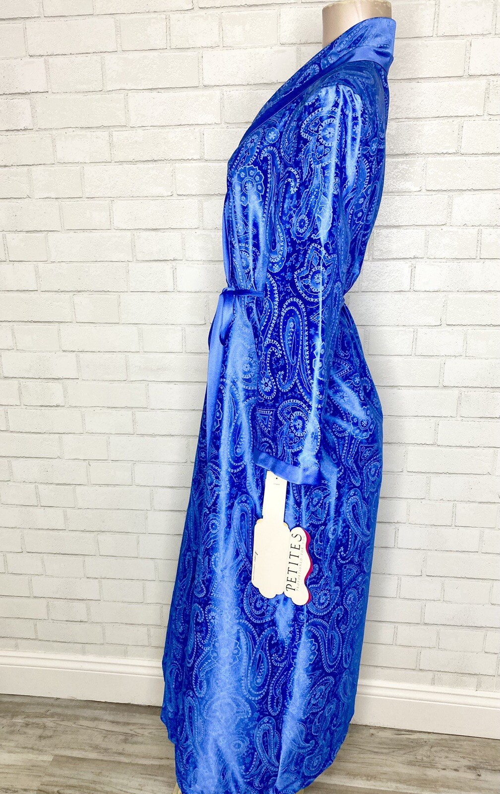 NWT Vintage Vanity Fair Long Blue Satin Robe House Coat Peignoir Womens Petite M
