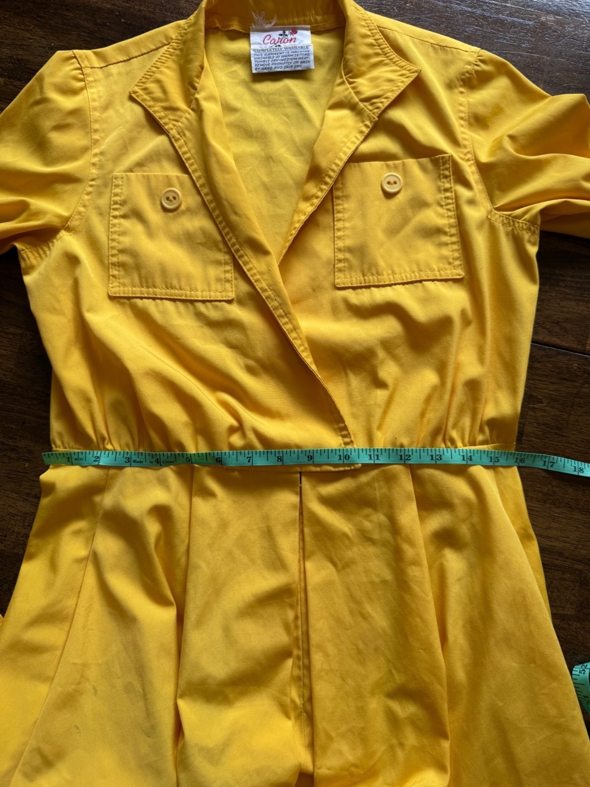 Vintage Caron Retro 70’s Yellow Midi Length Long Sleeve Shirt Dress Size Small