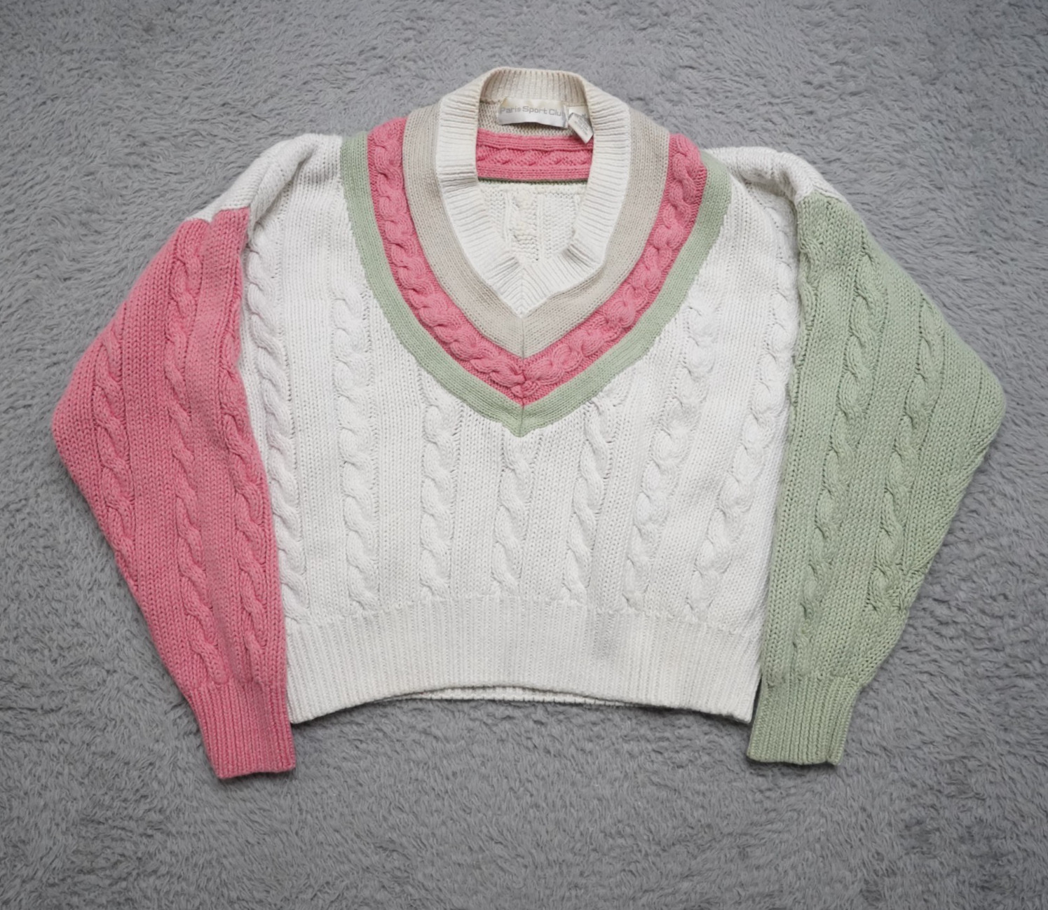 Vintage V Neck Sweater Womens M Pink Green CableKnit Preppy Tennis Raimie Cotton