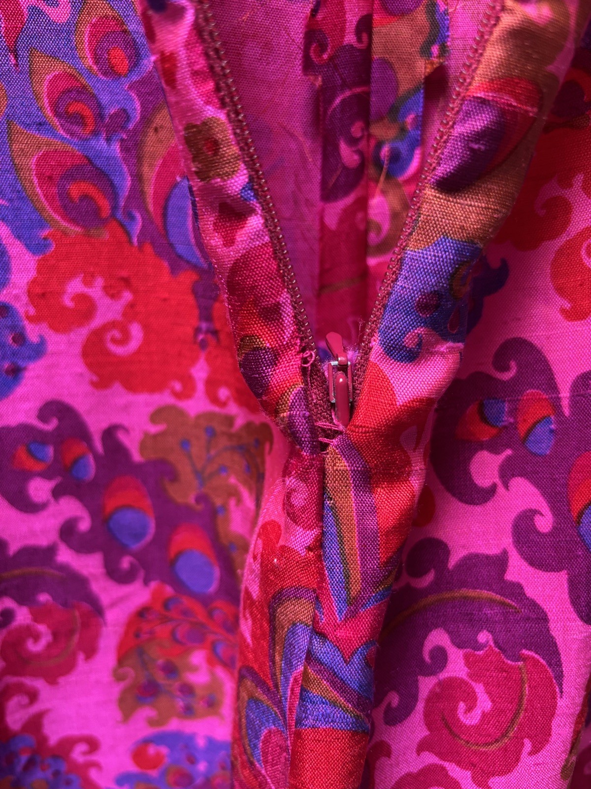 Vintage Thai Silk Bright Pink Psychedelic Cowl Neck Maxi Dress